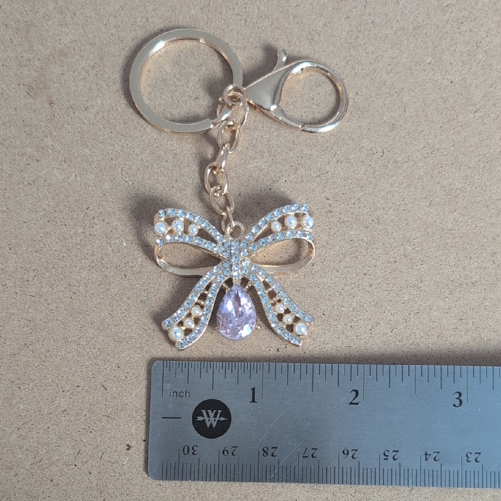 Gold Bow Bag Charm Keychain with Light Pink Teardrop Crystal - Picture 7 of 7